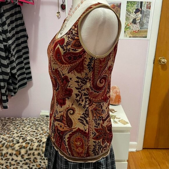 Cream and Burgundy Velvet Paisley Tank Top - Picture 4 of 7